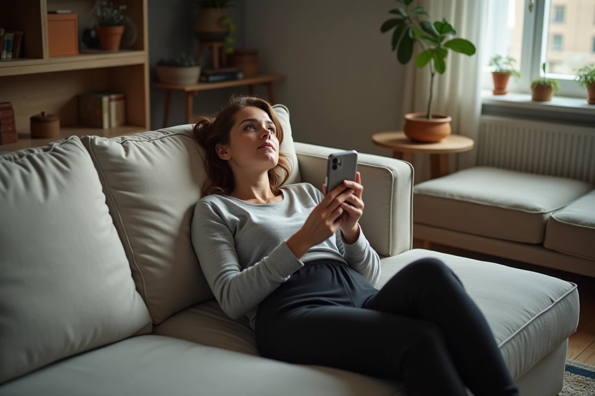 Femme allongée sur un canapé tenant son téléphone sur la poitrine, rêveuse et songeant à quelqu'un en silence