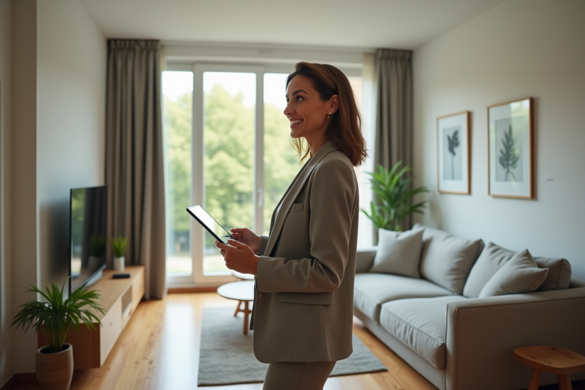 Femme dans un salon rénové regardant par la fenêtre