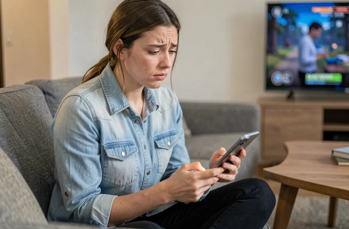 Jeune femme soulagée qui lit la solution détaillée de Rooms and Exits sur son smartphone