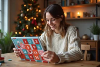 Femme souriante avec calendrier de l'avent en intérieur