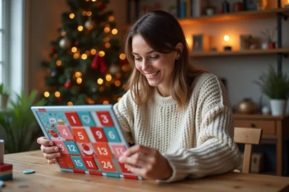 Femme souriante avec calendrier de l'avent en intérieur