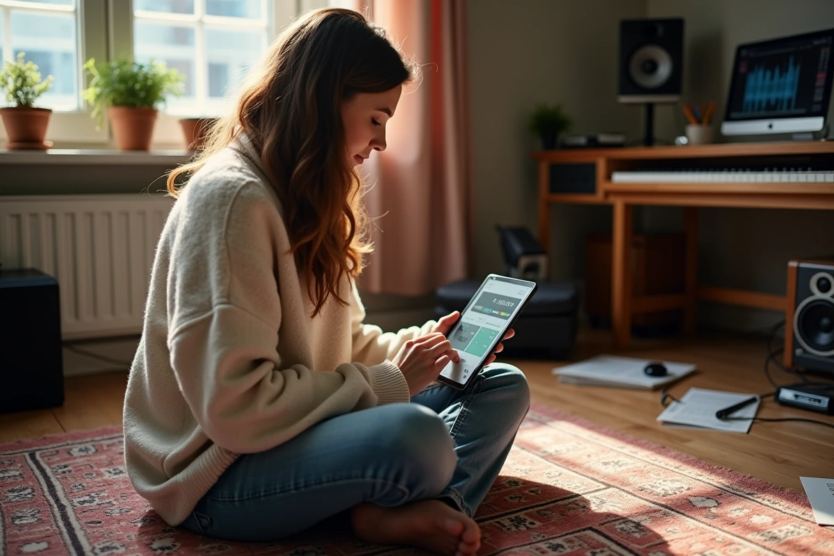 Femme utilisant une tablette dans un studio avec panneaux acoustiques