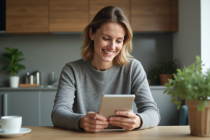 Femme d'âge moyen utilisant une tablette dans une cuisine moderne