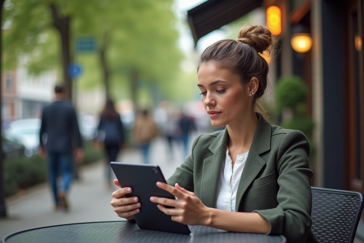 Jeune femme regardant une tablette en terrasse de café