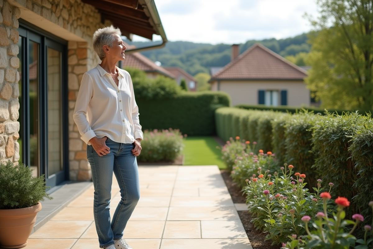 Femme regardant le jardin depuis la terrasse