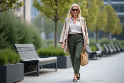 Femme élégante dans un parc urbain moderne