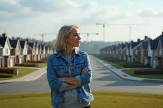 Femme regardant la ville en construction avec maisons neuves