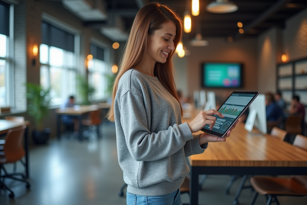Jeune femme en coworking utilisant une tablette numérique