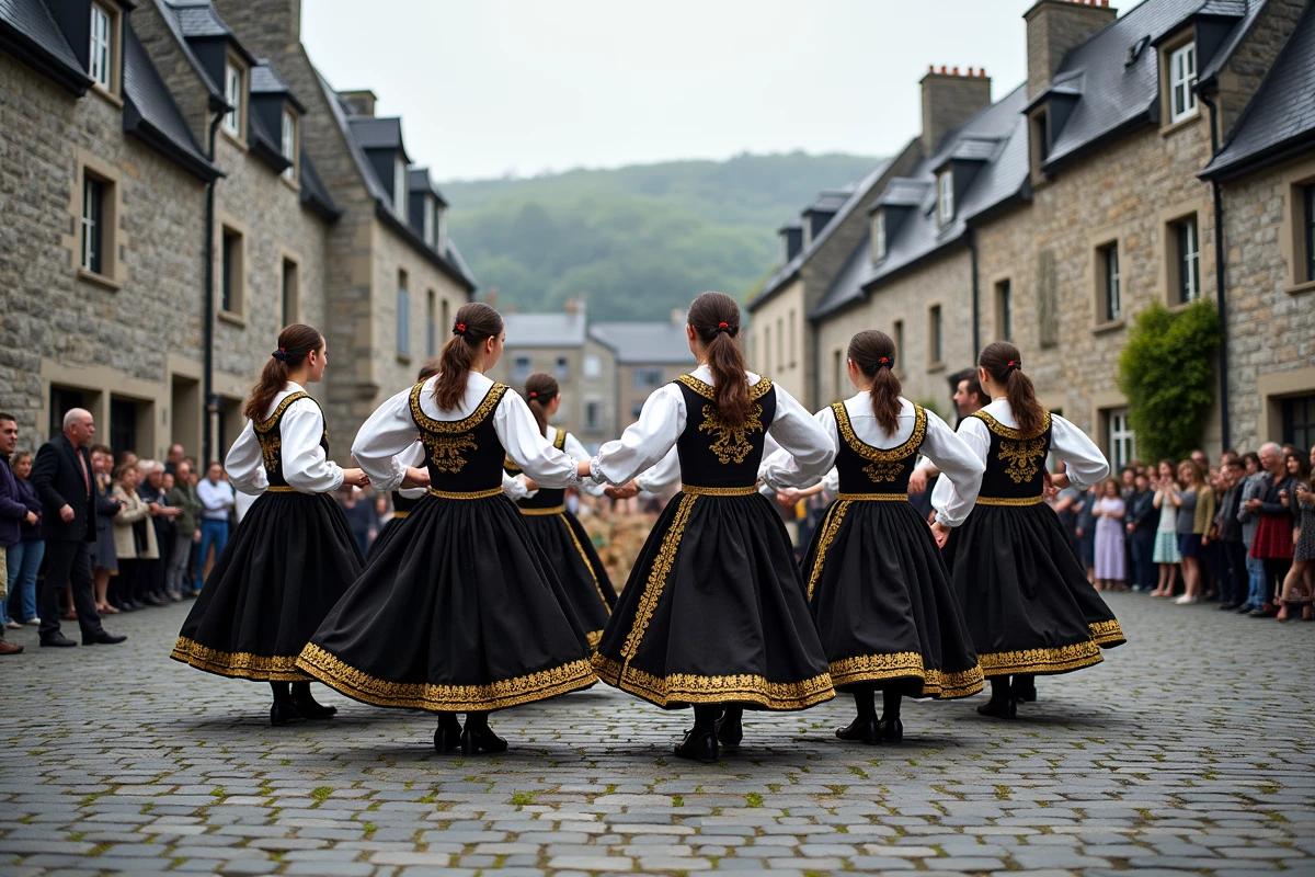 Festival breton avec danseurs en costumes traditionnels ornés du motif hermine sur une place médiévale