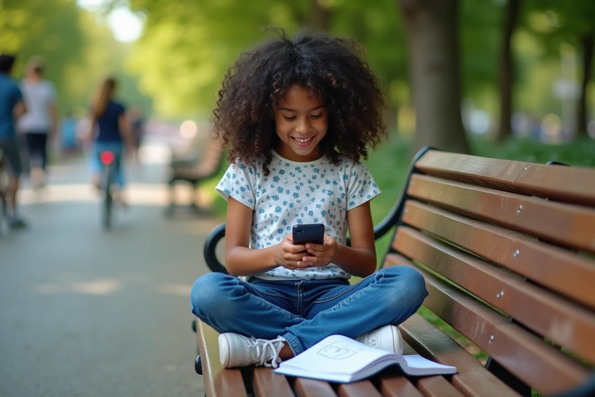 Adolescente souriante vérifiant sa stratégie sur smartphone dans un parc