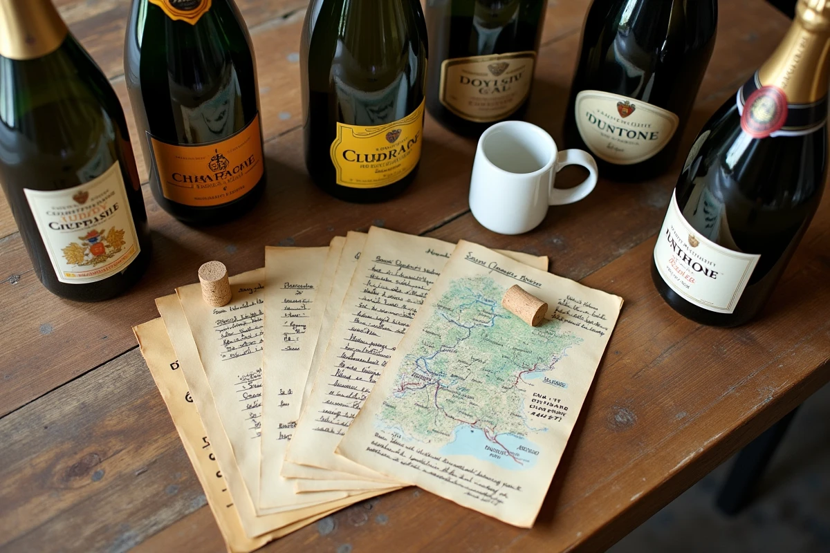 Disposition à plat de bouteilles de champagne variées avec notes de dégustation manuscrites et carte de la région Champagne sur table en chêne rustique