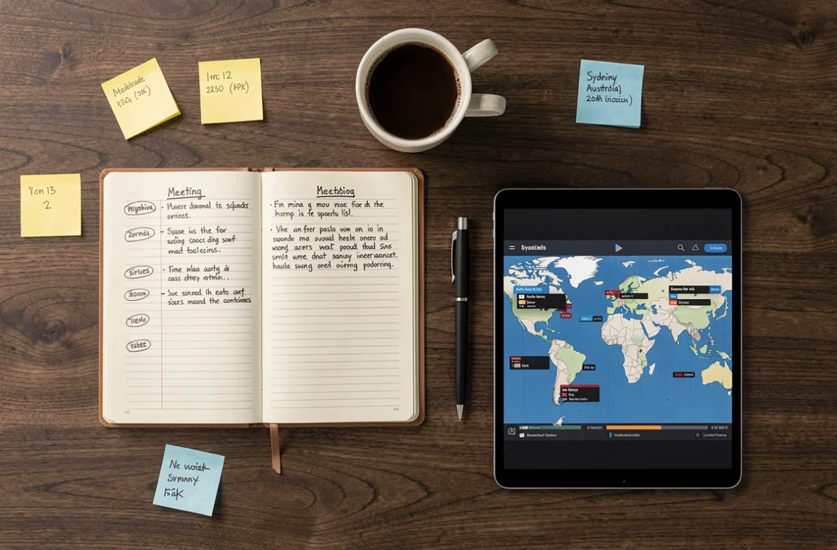 Flat-lay d'un bureau avec agenda, tablette affichant les fuseaux horaires mondiaux et heure de Sydney pour planifier des réunions