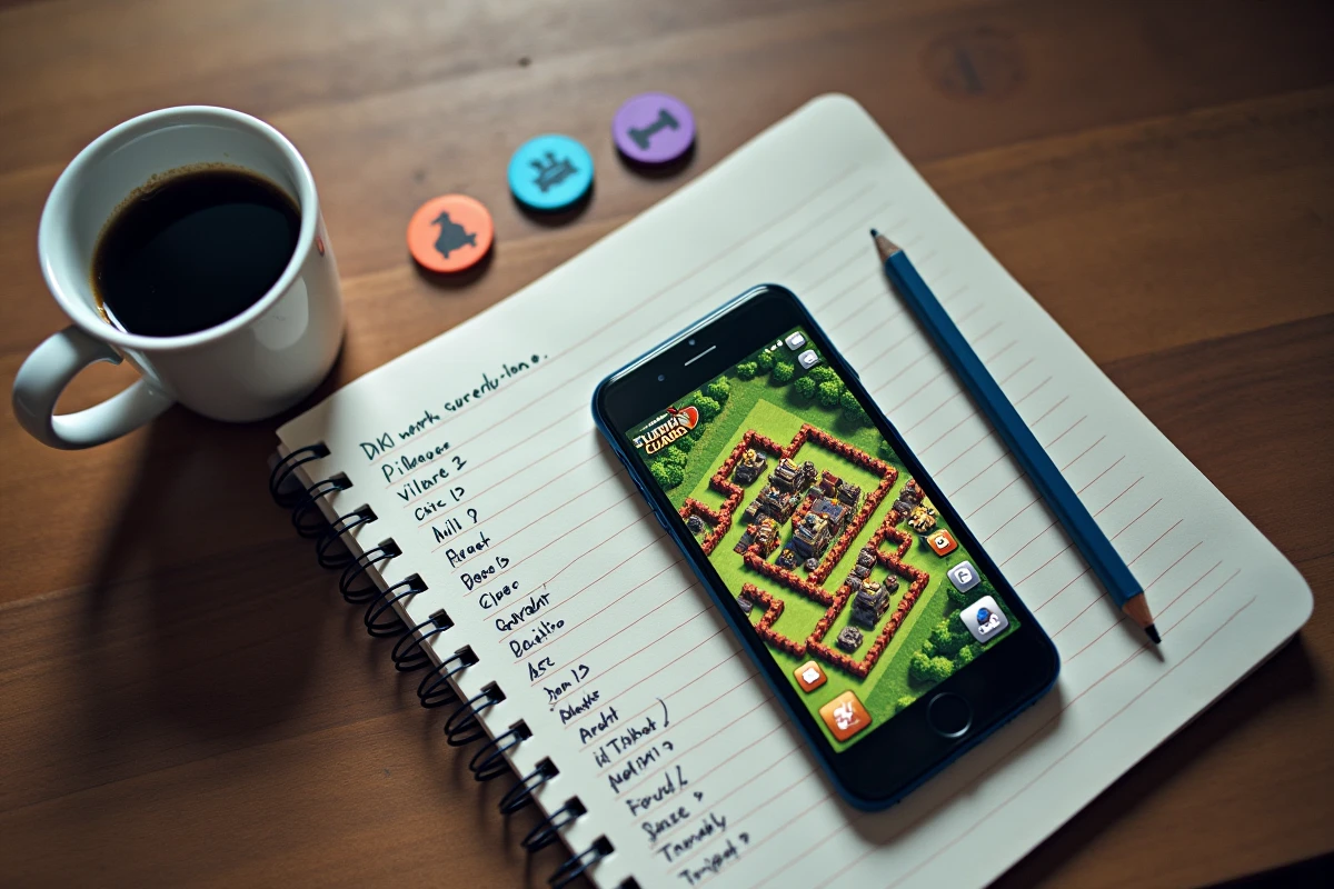 Vue aérienne d'un plan de stratégie HDV 12 pour Clash of Clans avec smartphone affichant le village, notes manuscrites et café