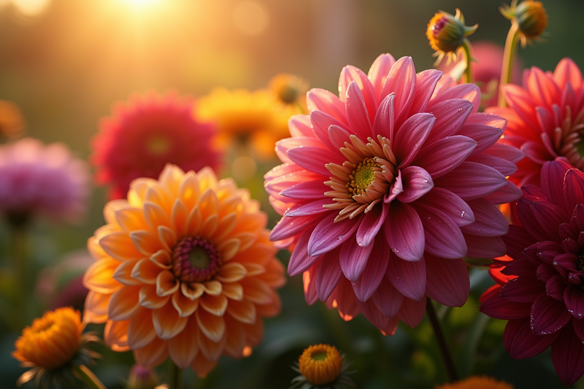 Gros plan sur fleurs exotiques avec gouttes de rosée en fin d
