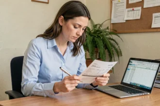 Femme fonctionnaire de catégorie C analysant son bulletin de paie dans un bureau administratif