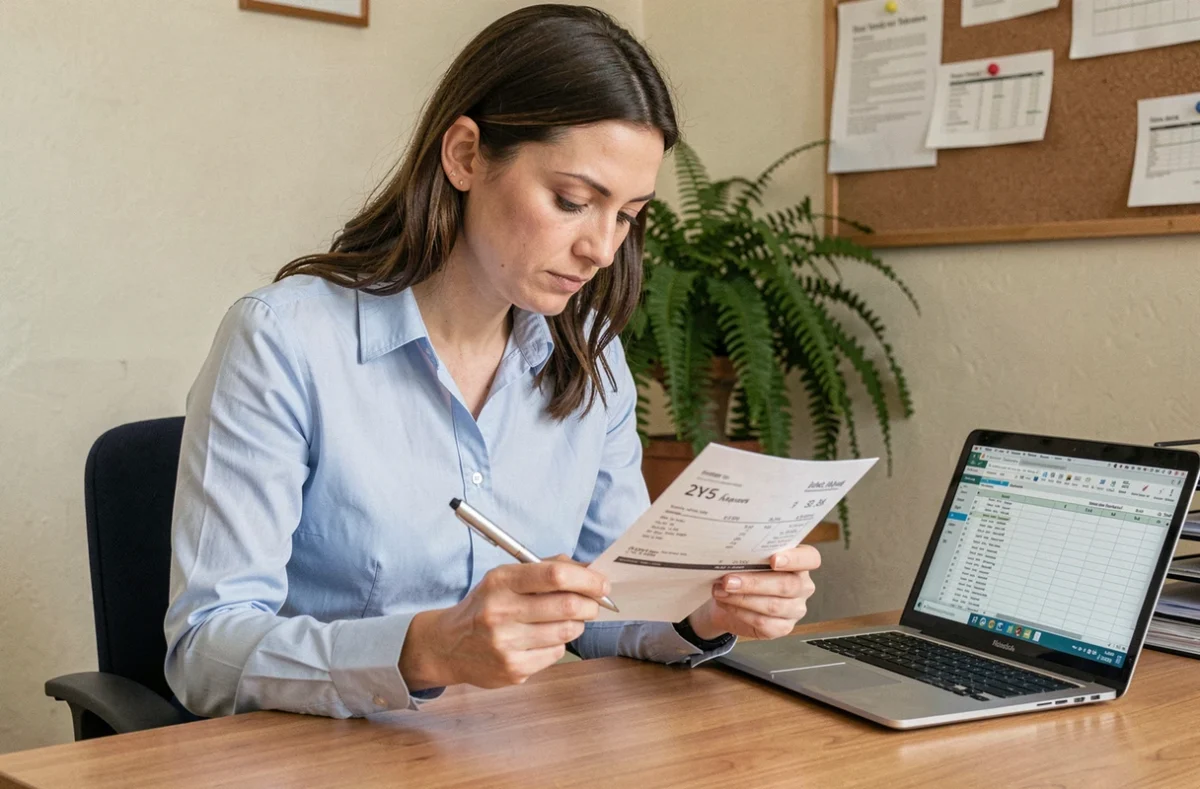 Femme fonctionnaire de catégorie C analysant son bulletin de paie dans un bureau administratif