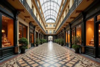 Intérieur de la Galerie Vivienne à Paris avec son sol en mosaïque et sa verrière néoclassique du XIXe siècle
