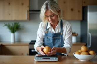 Pomme de terre pesée sur une balance en cuisine