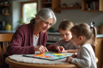 Grand-mère et petits-enfants jouant au Monopoly Junior autour d'une table en bois dans une cuisine familiale chaleureuse