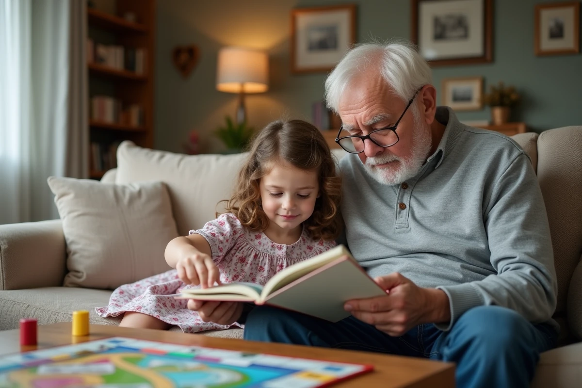Grand-père lisant les règles du Monopoly Junior avec sa petite-fille sur un canapé dans un salon familial