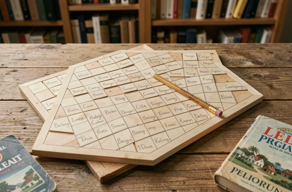 Grille de mots croisés avec des noms de villes belges en trois lettres inscrits au crayon sur une table en bois