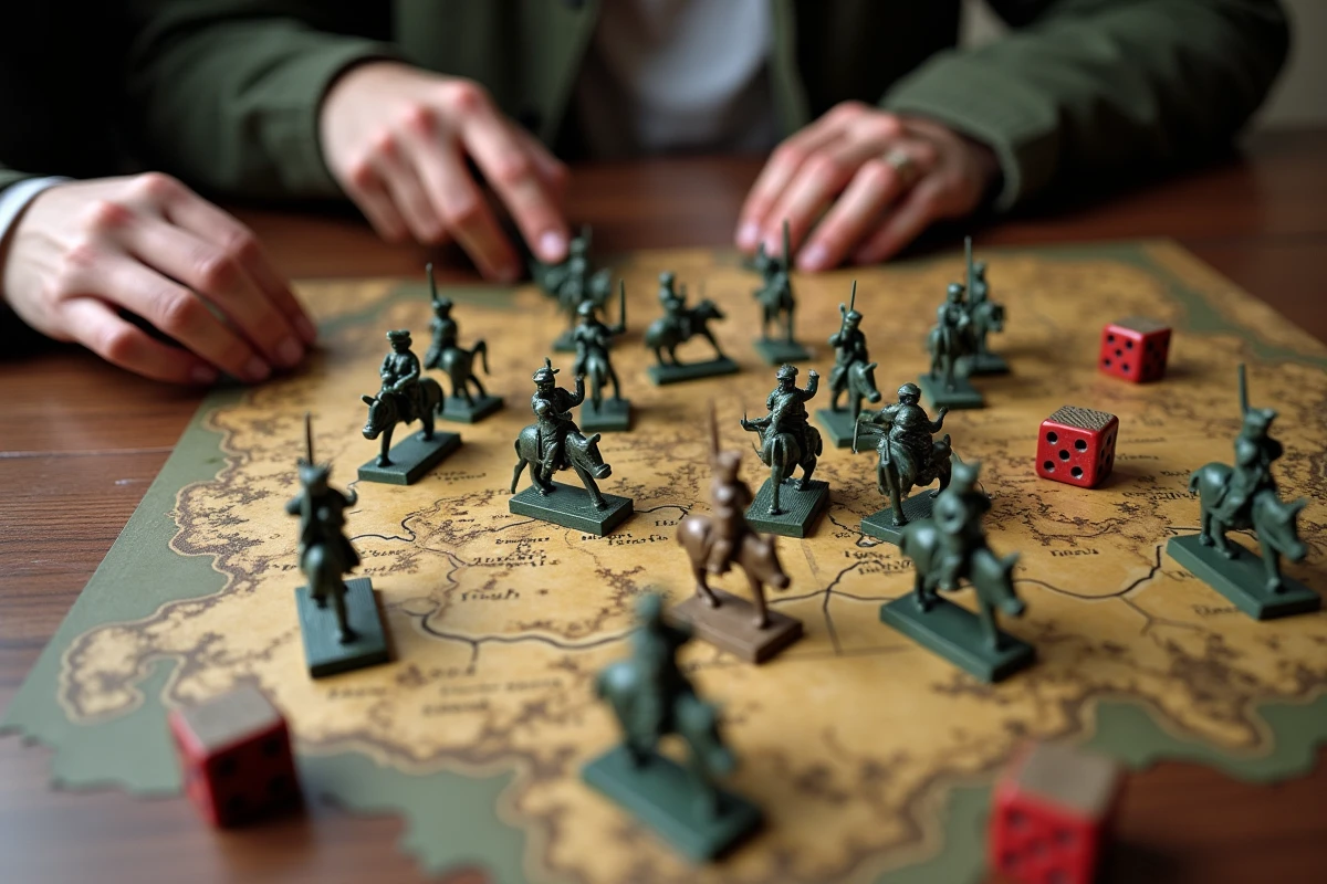 Gros plan sur un jeu de guerre stratégique avec figurines militaires peintes, dés et carte topographique sur table en noyer