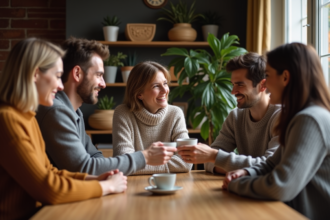 Groupe d'amis en intérieur autour d'une table chaleureuse