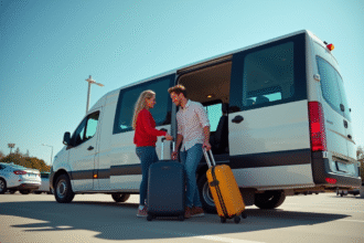 Groupe d'amis chargeant un minibus ensoleille dans un parking