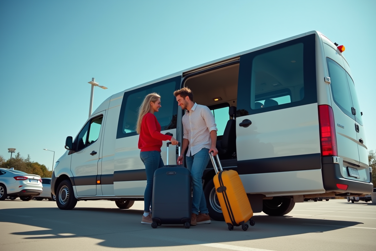 Groupe d'amis chargeant un minibus ensoleille dans un parking