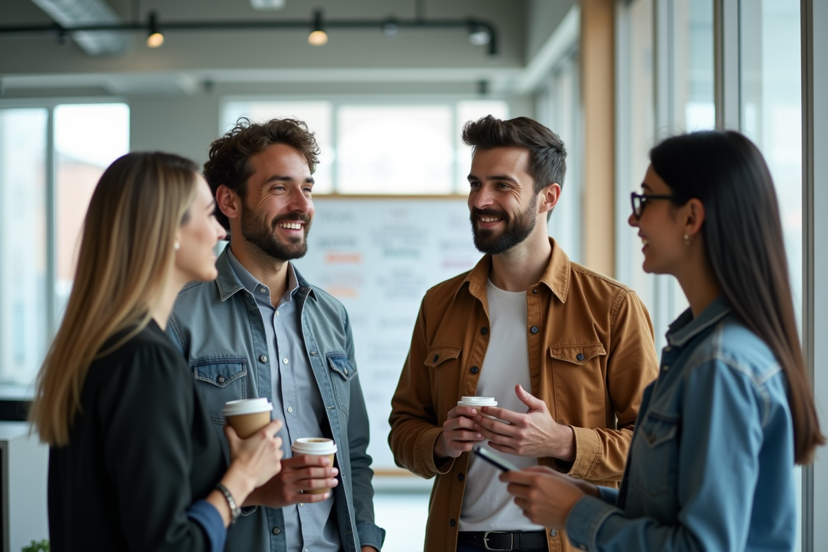 Groupe de millennials en coworking avec tableau blanc et appareils