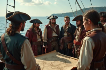 Groupe de pirates divers sur un navire en mer