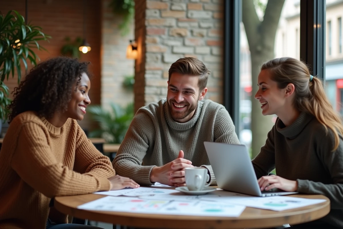 Trois jeunes professionnels discutent autour d'une table de café avec des cartes mentales et des ordinateurs portables, représentant la construction collective d'un univers autour du concept Xonivizectrum en 2026