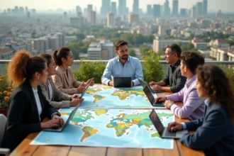 Groupe diversifié discutant autour d'une table sur un rooftop urbain