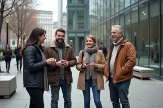 Groupe d'adultes en interaction sociale spontanée dans une place urbaine moderne, illustrant le concept de fait social collectif