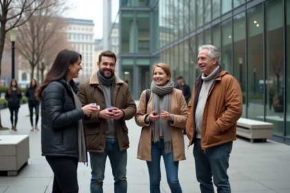 Groupe d'adultes en interaction sociale spontanée dans une place urbaine moderne, illustrant le concept de fait social collectif