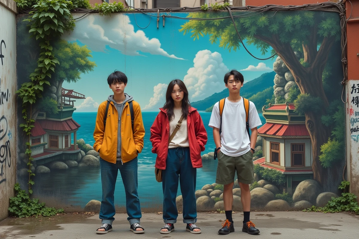 Trois jeunes adultes devant un mural d