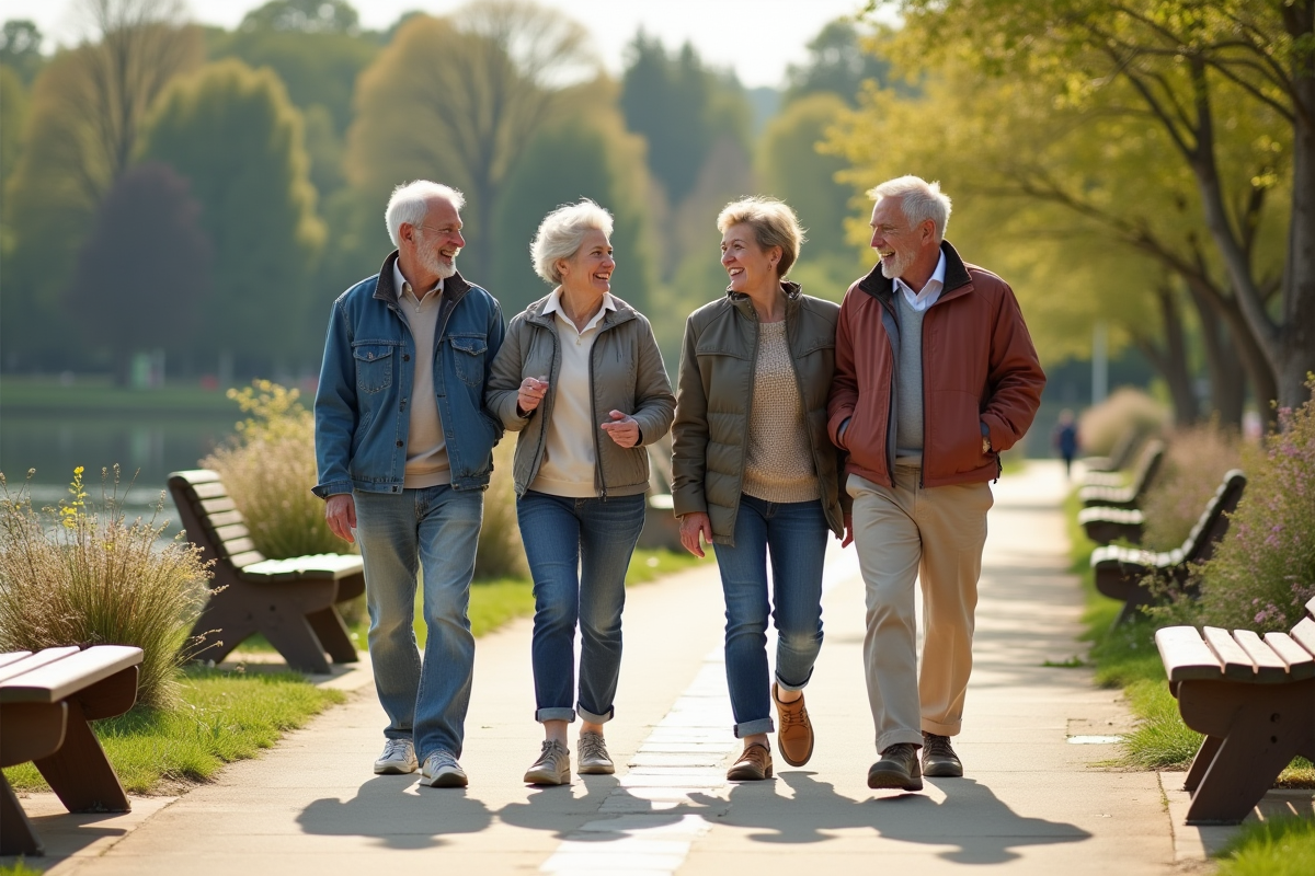Groupe de personnes âgées se promenant au bord du lac