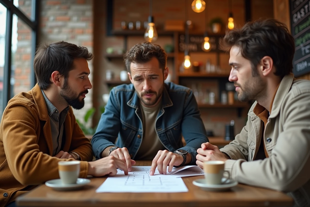 Groupe d'amis perplexes tentant de répondre à une question de géographie sur une capitale lors d'un quiz de café