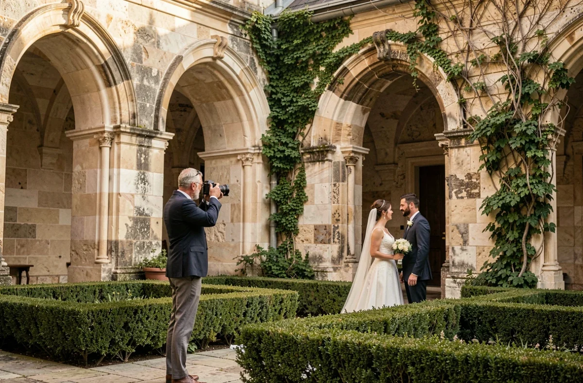 Hervé de Brabandère photographe de mariage capturant discrètement un couple dans une cour historique à Vendôme