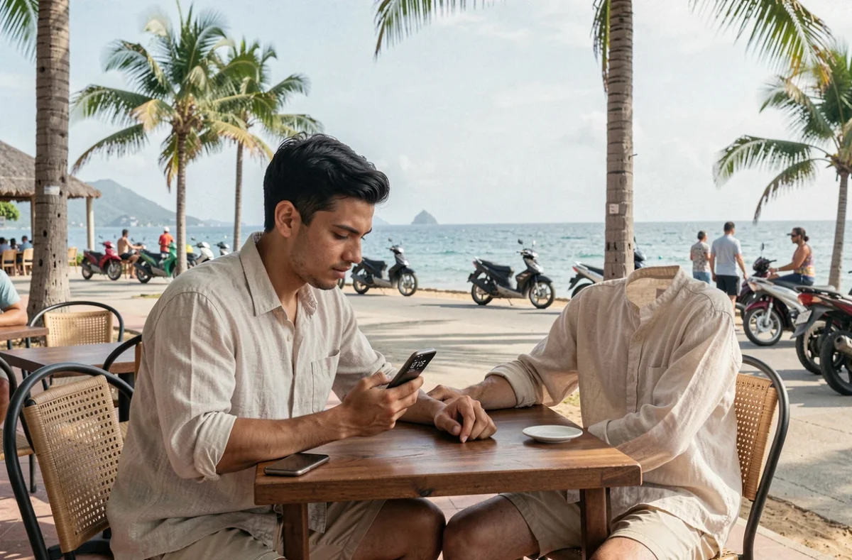 Jeune homme consultant l'heure sur son smartphone dans un café en bord de mer à Saint-Pierre de la Réunion