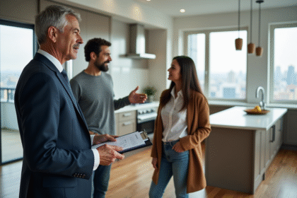 Homme d'affaires en costume avec couple dans un appartement moderne