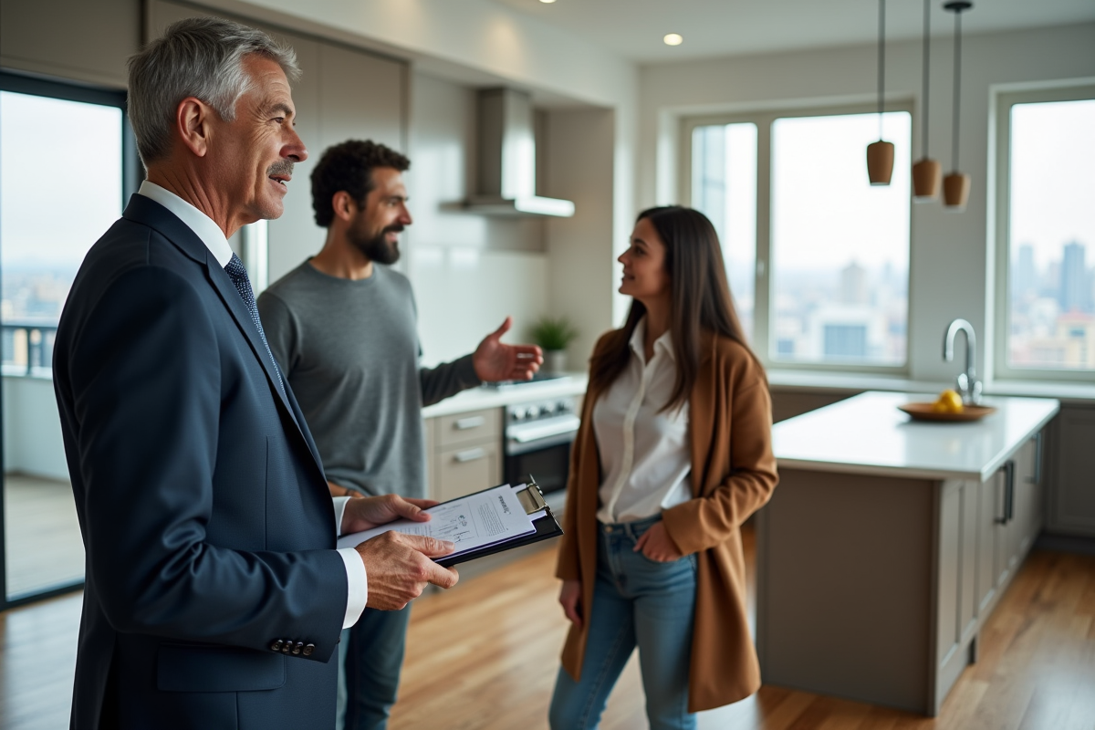 Homme d'affaires en costume avec couple dans un appartement moderne