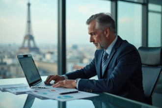 Homme d'affaires français en costume regardant des graphiques financiers