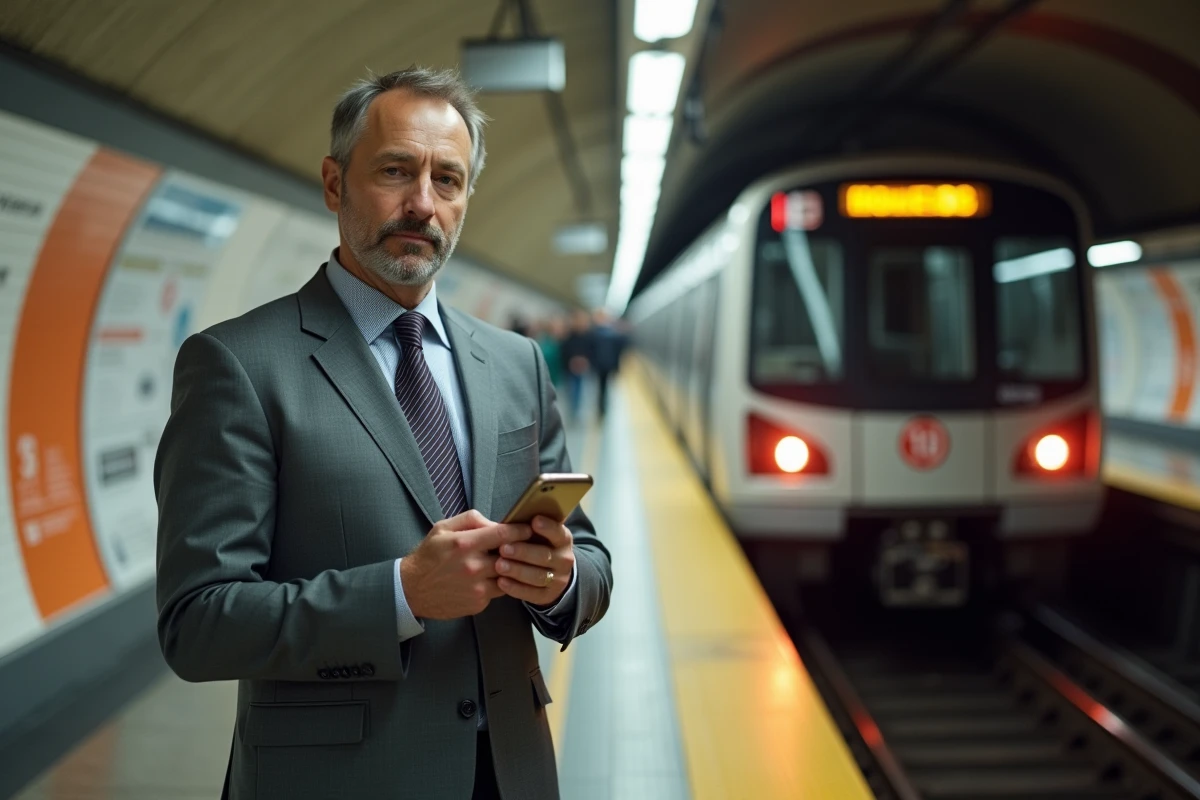 Homme d'affaires consultant une application carte du métro sur le quai de la ligne 13 avec l'arrivée du train en arrière-plan