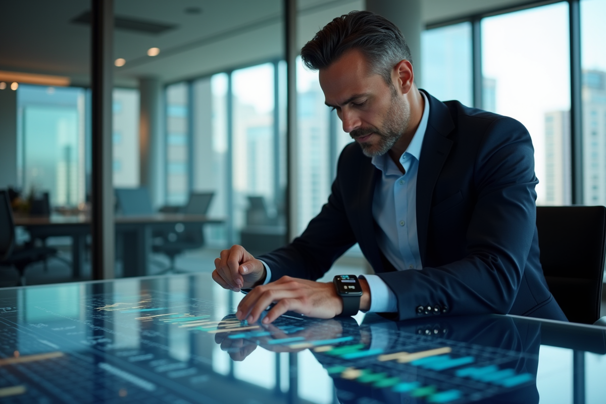 Homme d'affaires en costume analysant des graphiques numériques