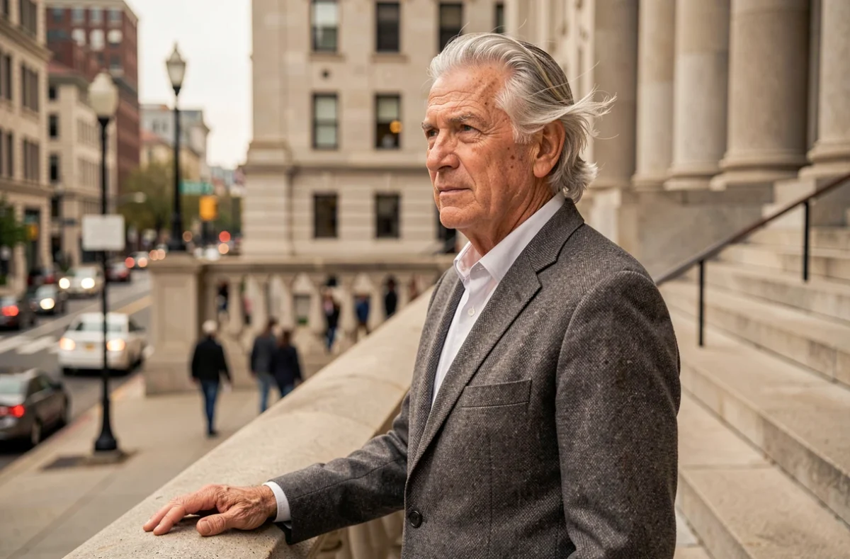 Un homme âgé aux cheveux argentés en costume gris debout sur les marches d'un palais de justice américain, regard méditatif au loin