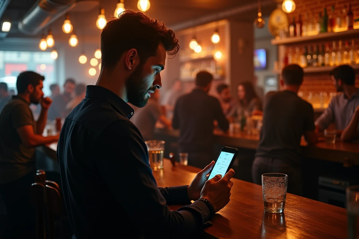 Jeune homme consultant une application de sorties nocturnes dans un bar de boîte de nuit à Lille