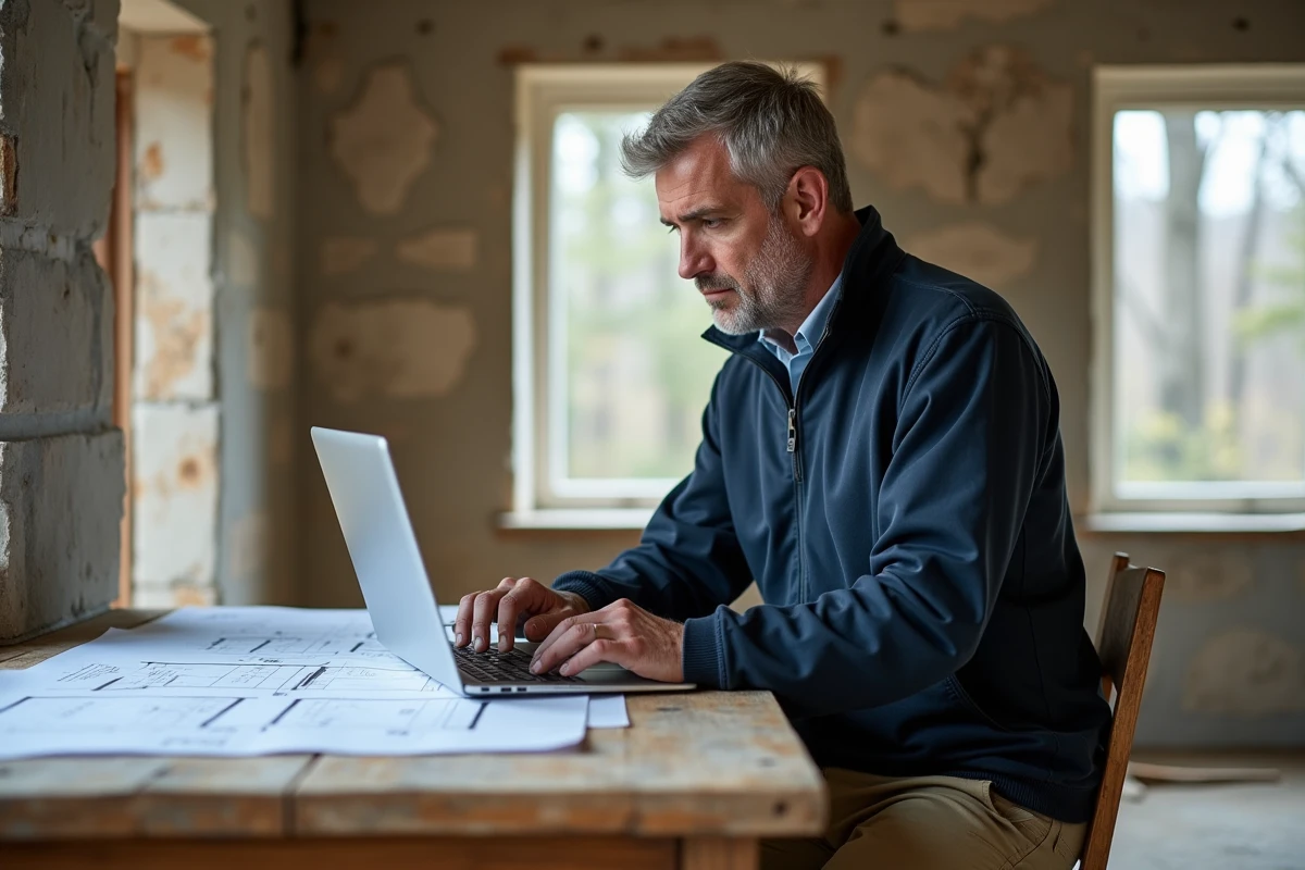 Homme inspectant plan de renovation dans un chantier intérieur