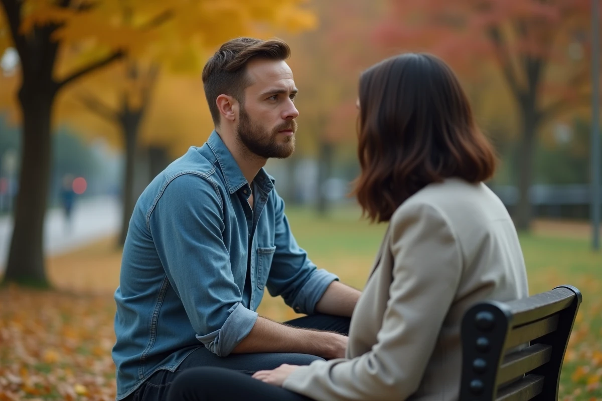Un homme se confiant à une femme sur un banc de parc en automne, langage corporel ouvert révélant une attirance émotionnelle sincère
