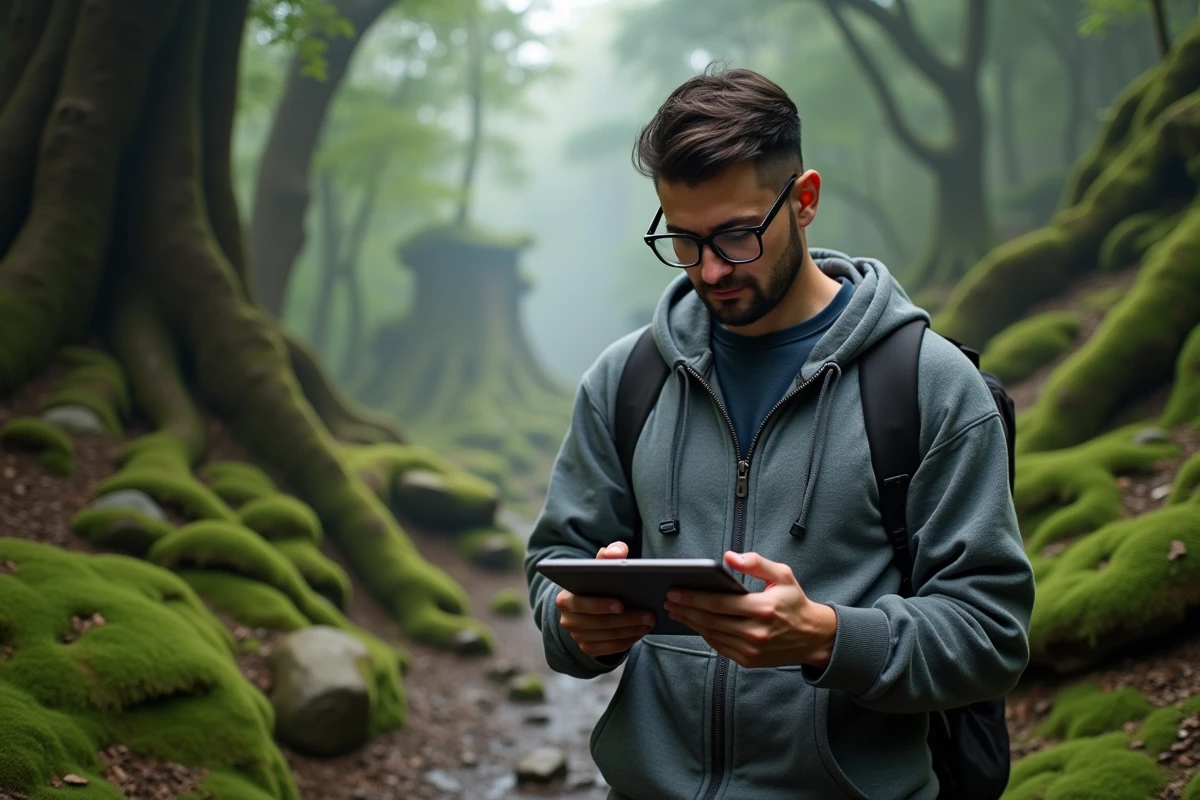 Homme explorant une forêt avec tablette en main